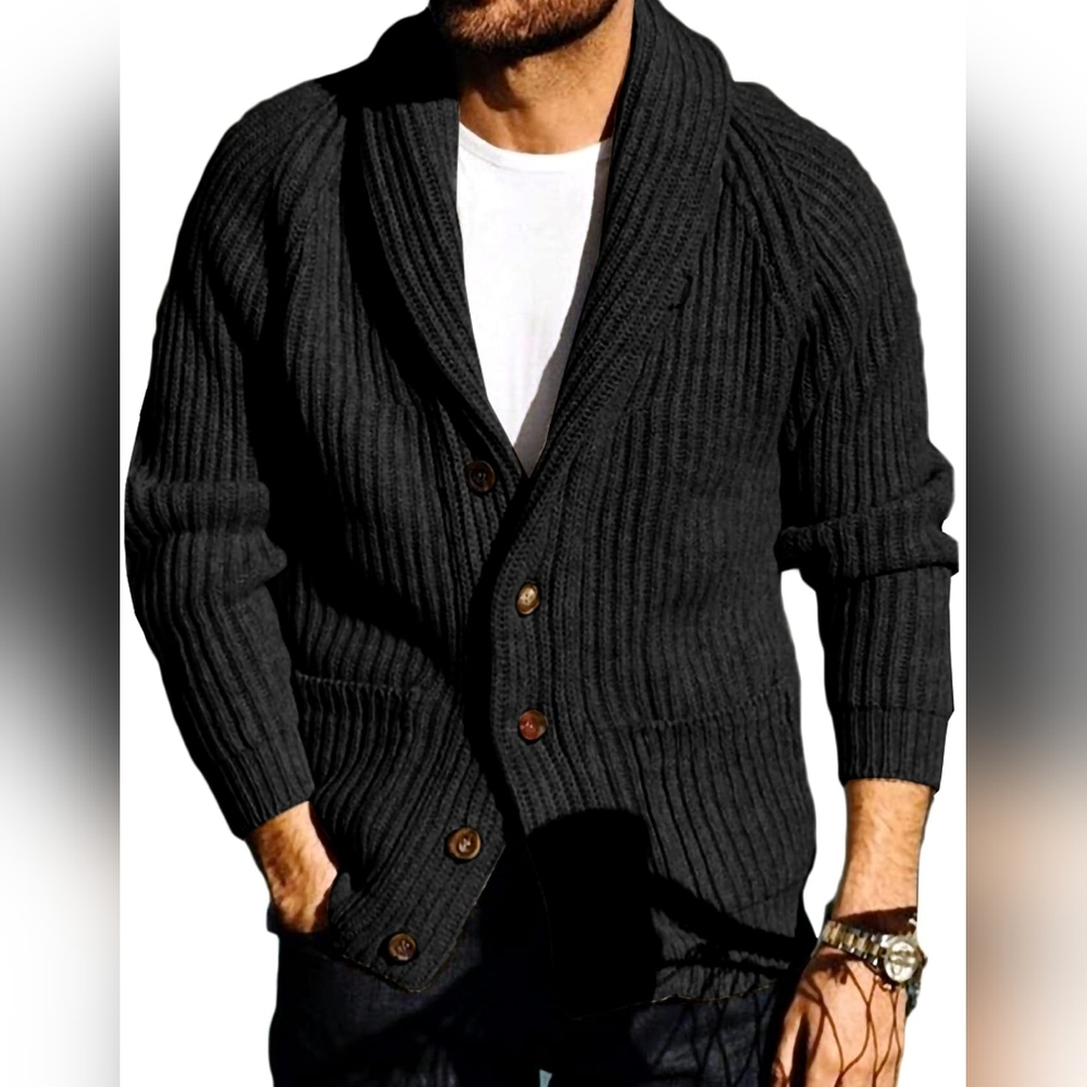 Men's Black Shawl-Collar Ribbed Cardigan Sweater